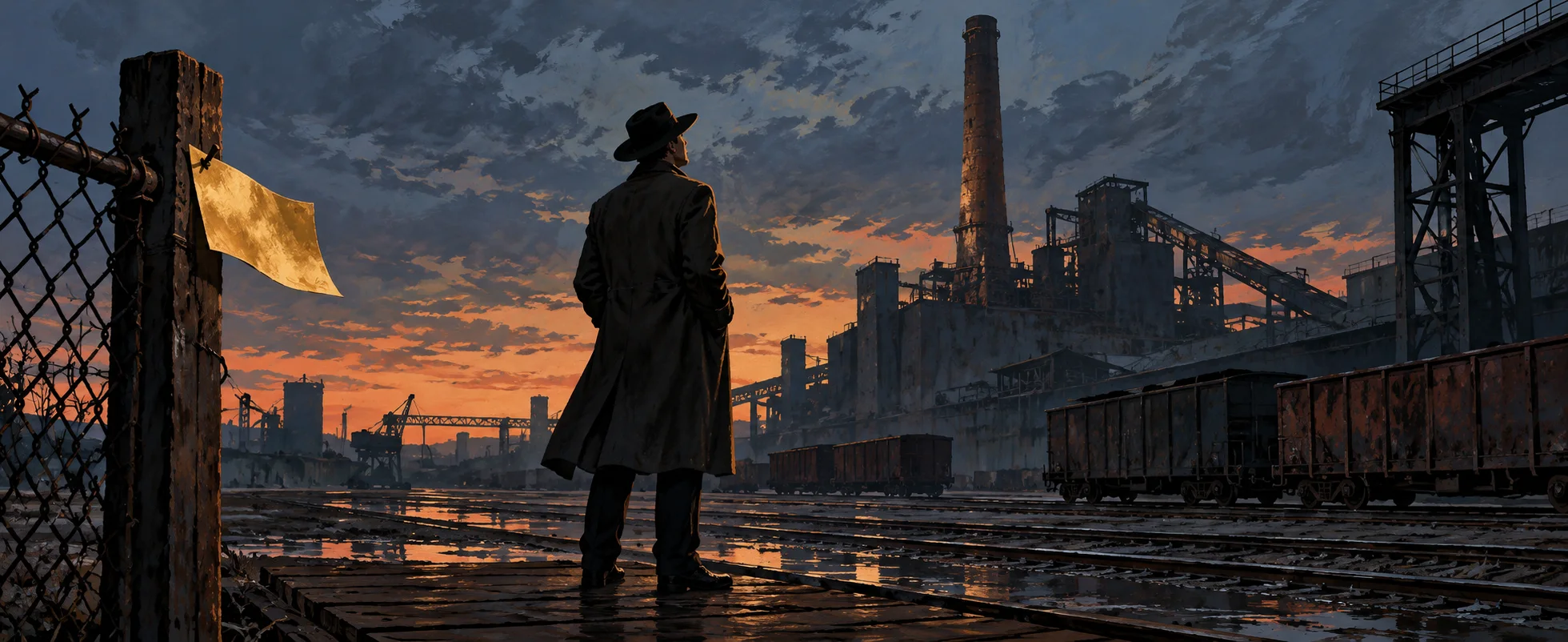A lone man in a long coat and a wide hat stands in a rail yard at dusk before a silent steel mill, a scrap of paper caught on the fence.
