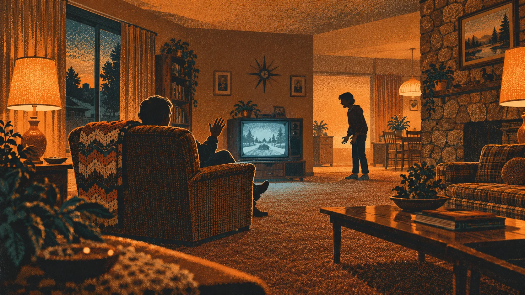 Cartoon: a teenage girl stands in a 1970s-style living room as her father in an armchair waves her off without looking.