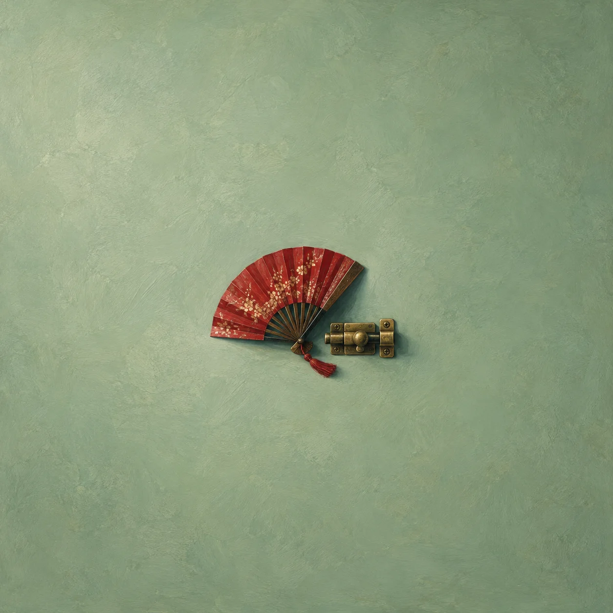 An open red folding fan with a tassel lies beside a brass door bolt on pale green.