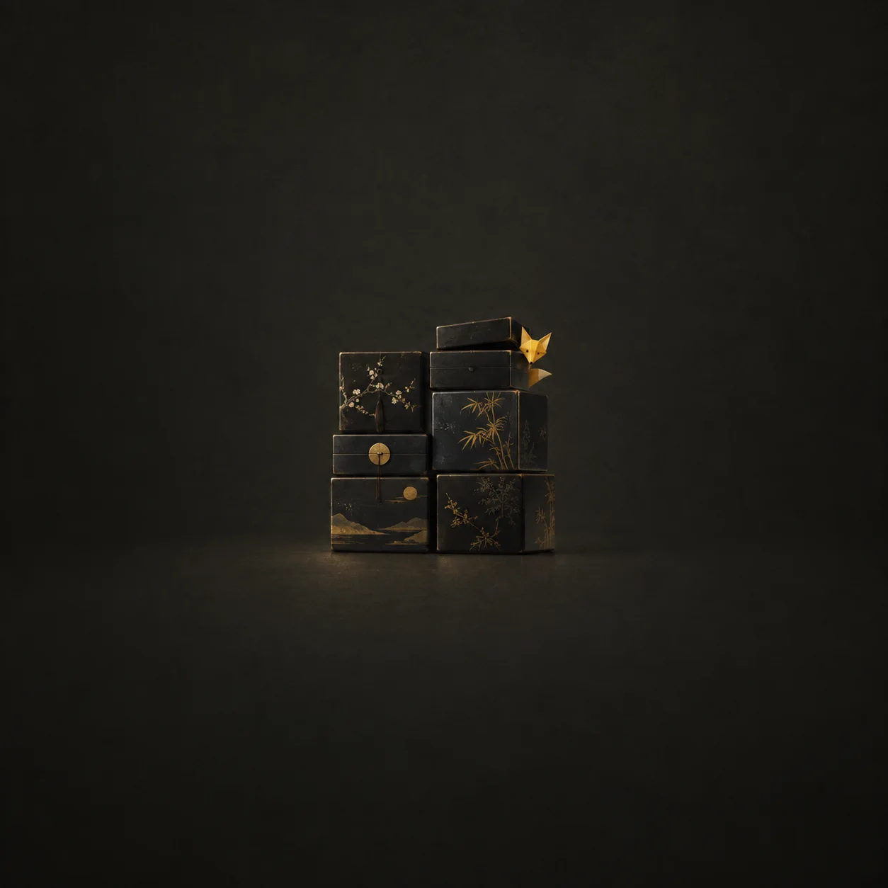 A tiny yellow paper fox peeks from near the top of stacked black lacquer boxes with gold decoration.