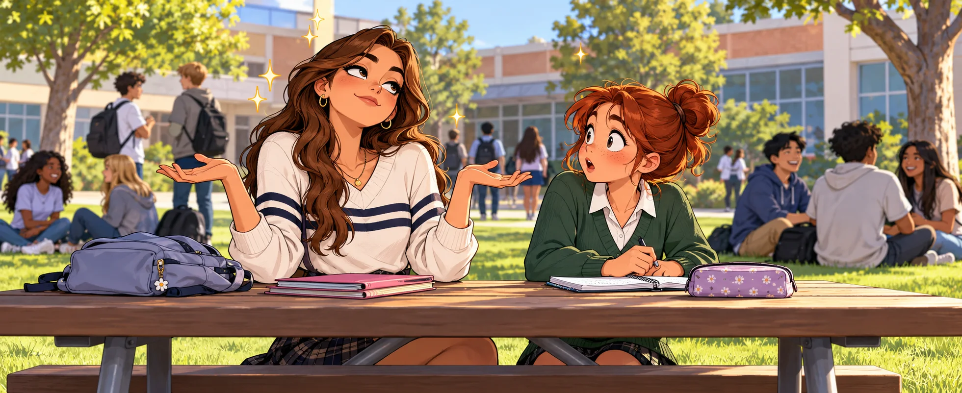 A girl in a striped jumper shrugs with a sly smile at a puzzled classmate across a picnic table in the school courtyard.