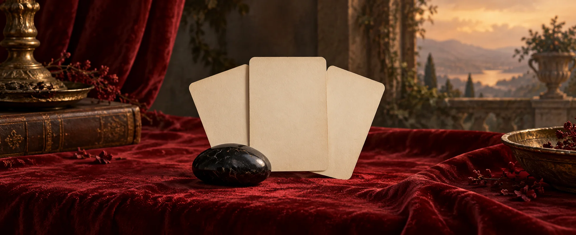 Three blank cream playing cards fan out beside a small black stone on a red velvet table.