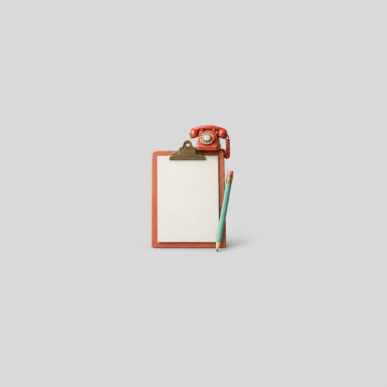 A blank clipboard stands beside a teal pencil with a tiny red rotary telephone perched above it.