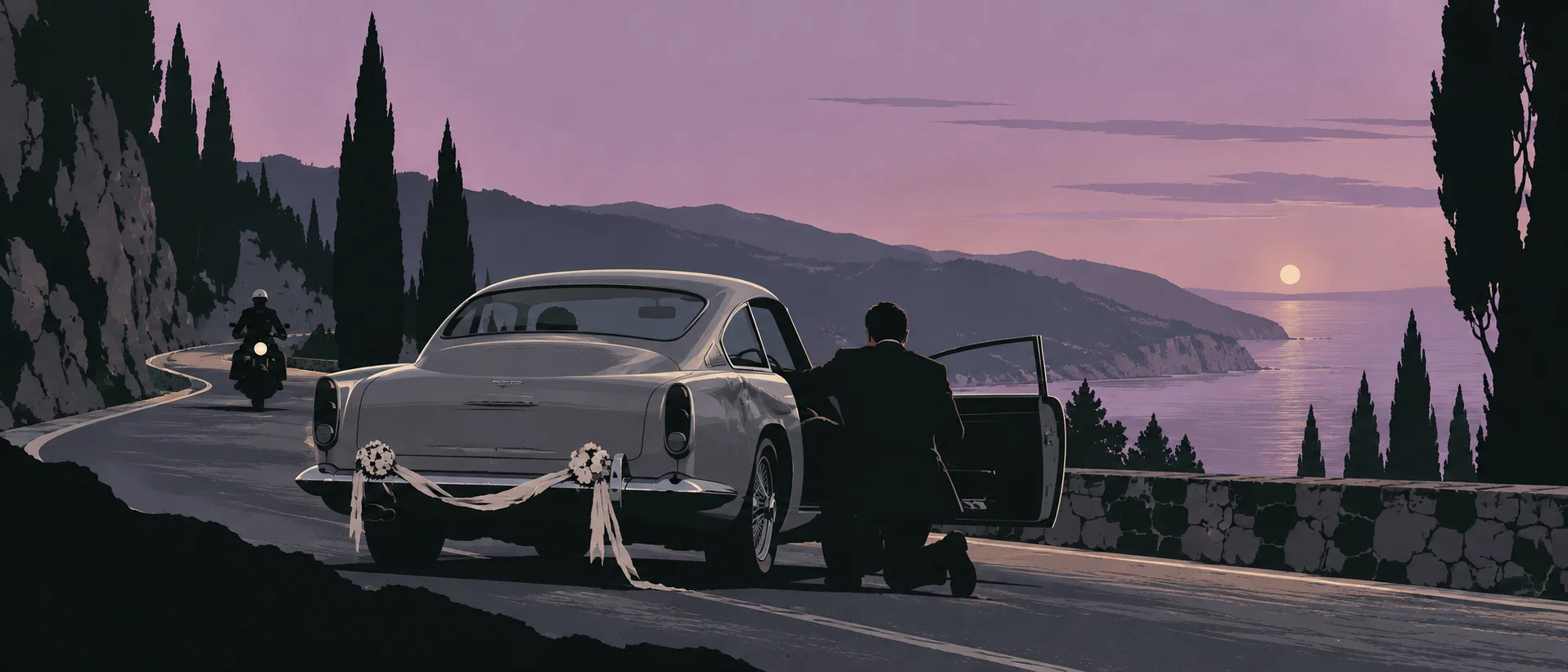 On a cypress-lined coast road at dusk, Bond kneels at the open door of his Aston Martin, wedding garlands on its bumper, as a police motorcyclist approaches.