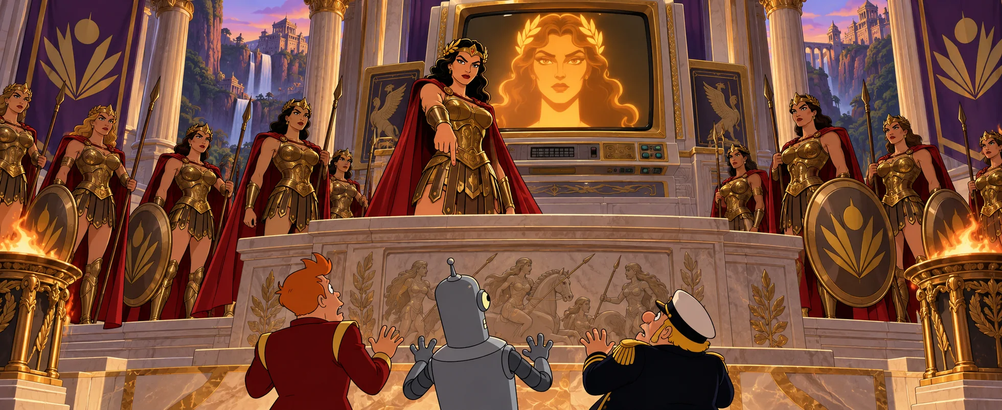 Towering armoured warrior women flank a giant retro computer with a woman's face on its screen, as three small male crew members look up from the dock in alarm.