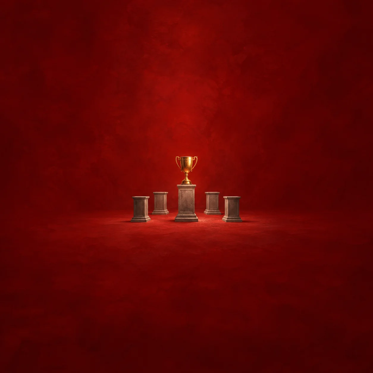 Painterly gold trophy on the tallest of five pedestals against deep crimson.