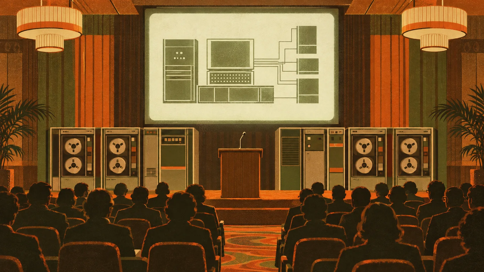 A 1970s conference hall audience faces a lectern before a projected computer schematic, reel-to-reel mainframe cabinets lining the stage.