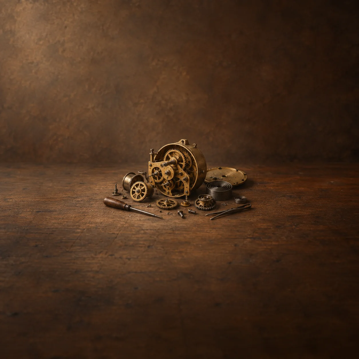 Painterly partly dismantled brass clock mechanism and loose gears on a workbench.