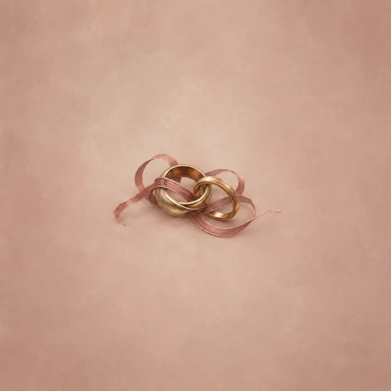 Two intertwined gold rings rest among loops of pink ribbon against a soft pink background.
