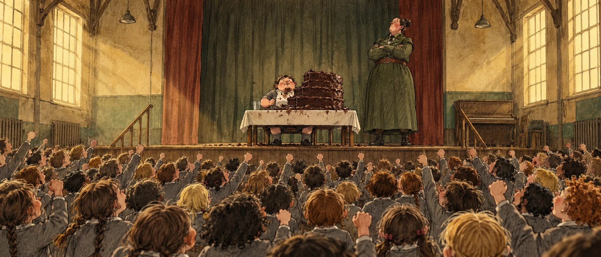 A packed school hall of pupils cheers with raised fists as a boy on the stage eats an enormous chocolate cake.