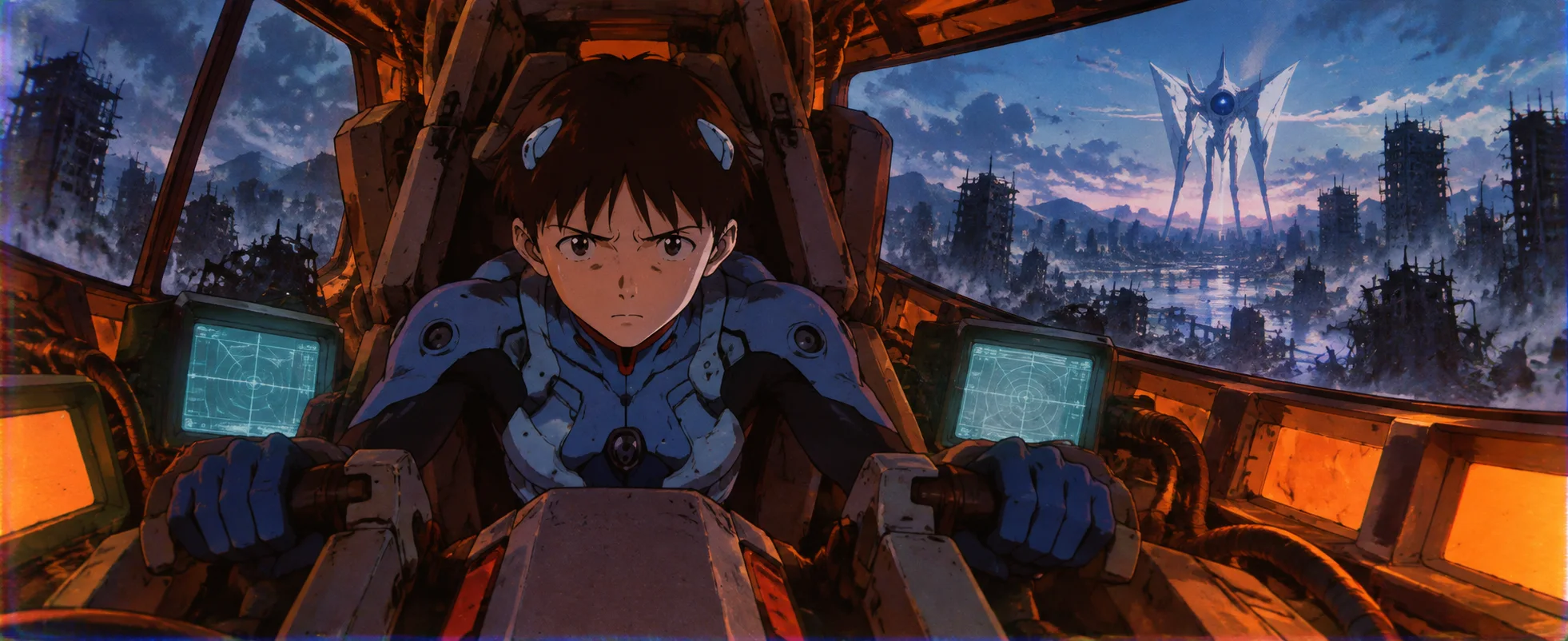 Anime illustration: a determined teenage pilot in a blue-and-white plugsuit grips the controls inside a cramped, glowing cockpit, as a spindly, long-legged white machine with a blue eye looms above a ruined, flooded city outside.