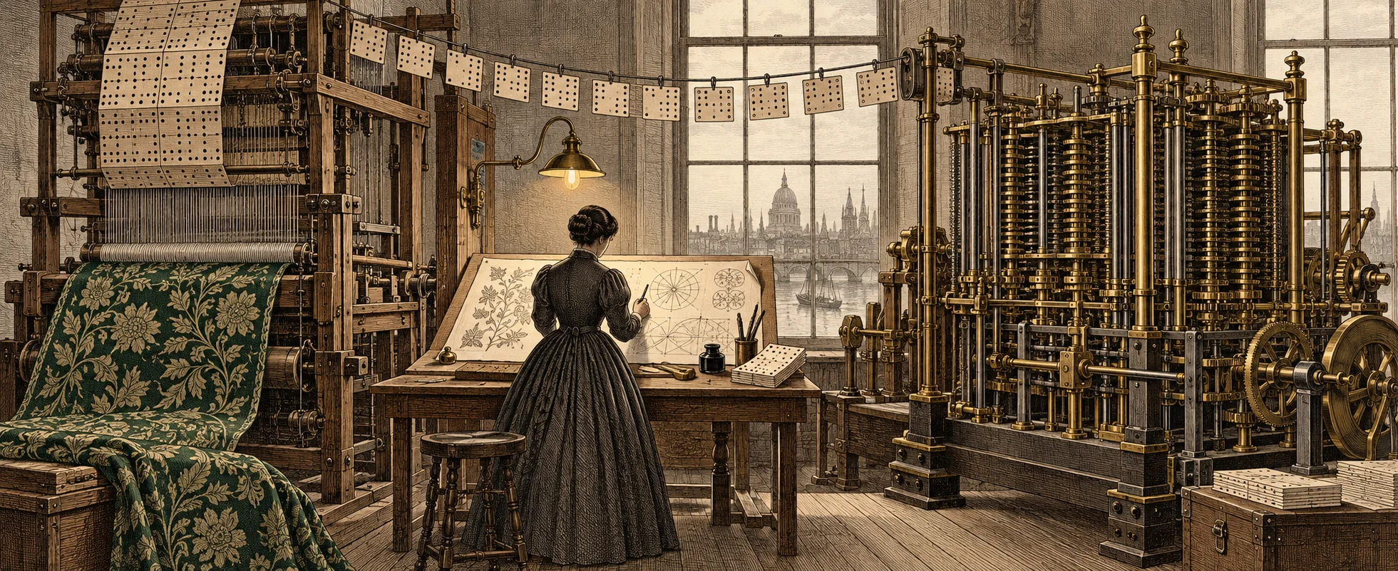 A woman in a Victorian gown studies patterned punch cards beside a Jacquard loom and a great brass calculating engine in a sunlit workshop.