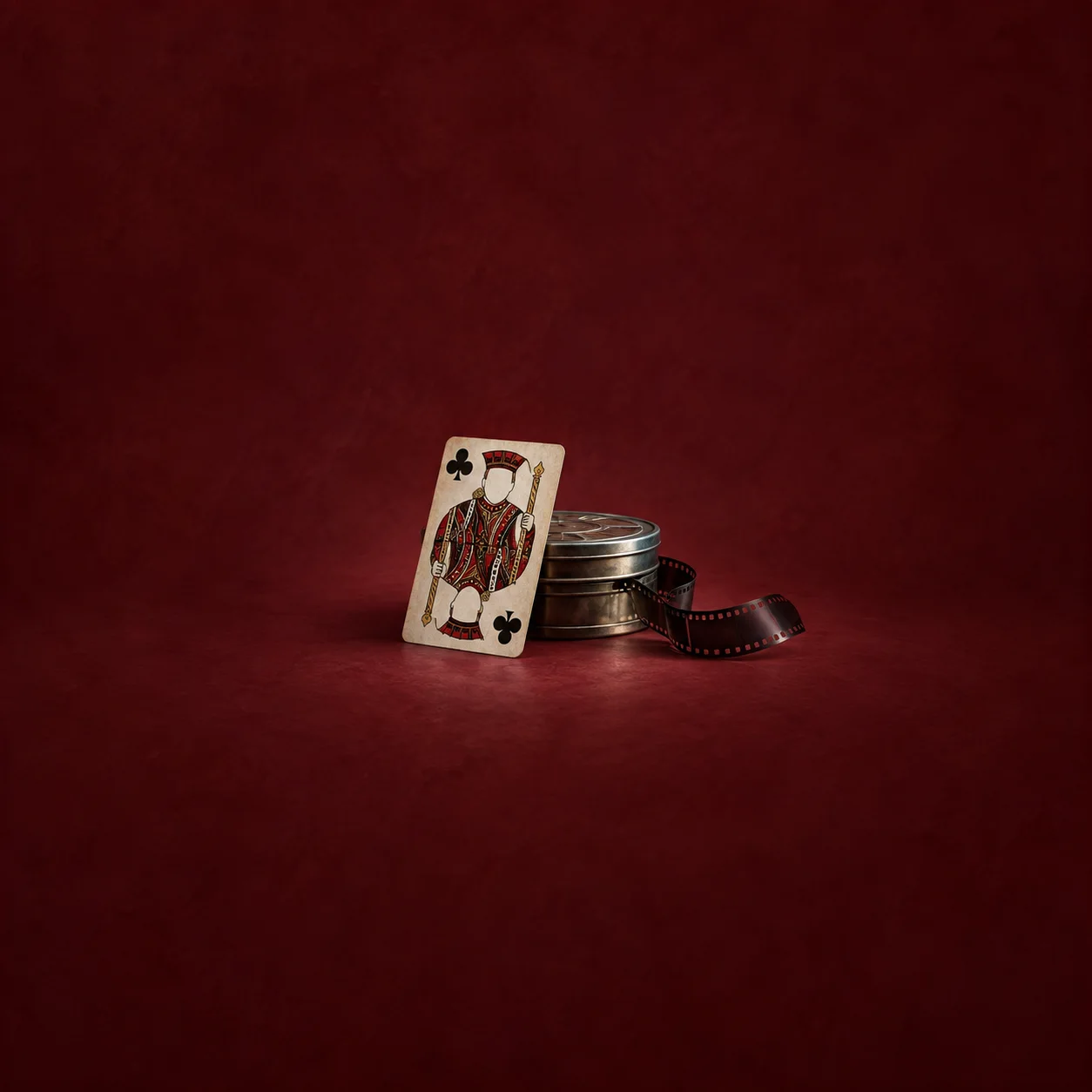 A playing card leaning on a film reel canister with a strip of film curling away.