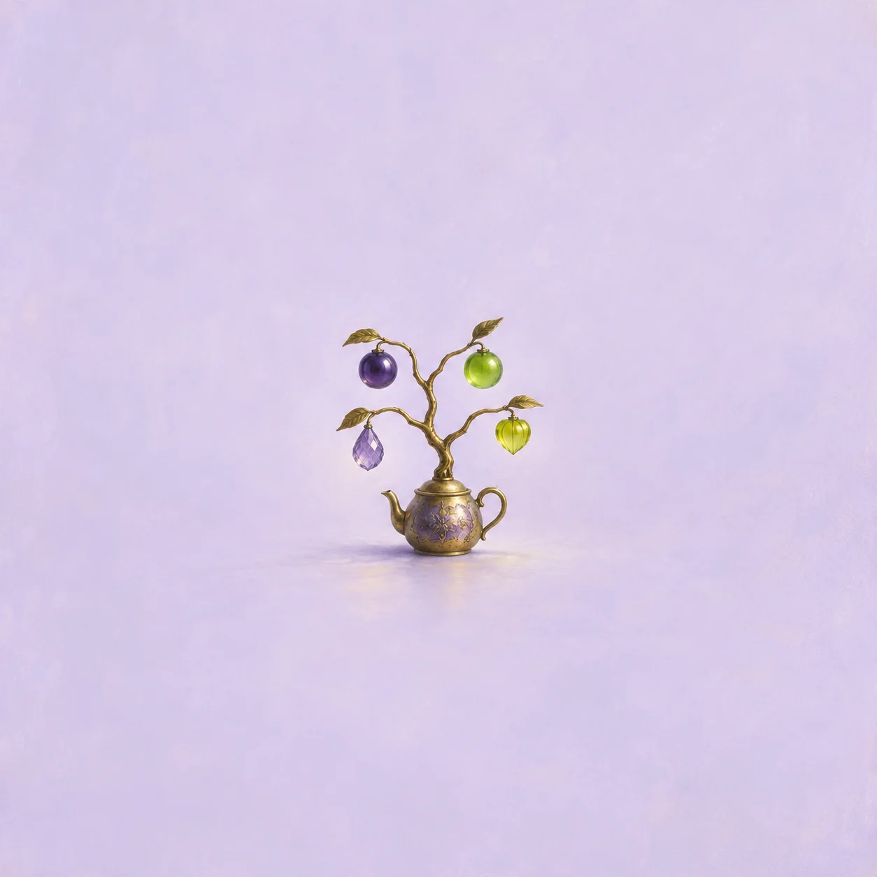A small teapot with a brass tree rising from it, its branches carrying four colored glass fruits against a lilac background.