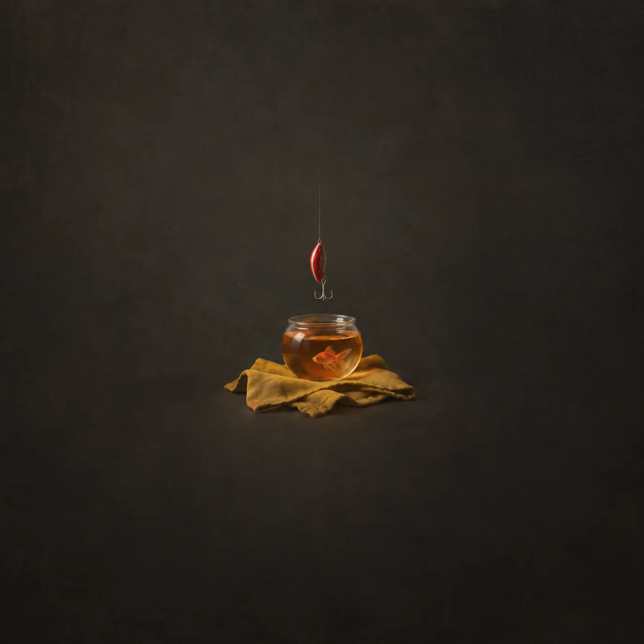 A red fishing lure hangs above a small glass goldfish bowl on mustard-coloured cloth.