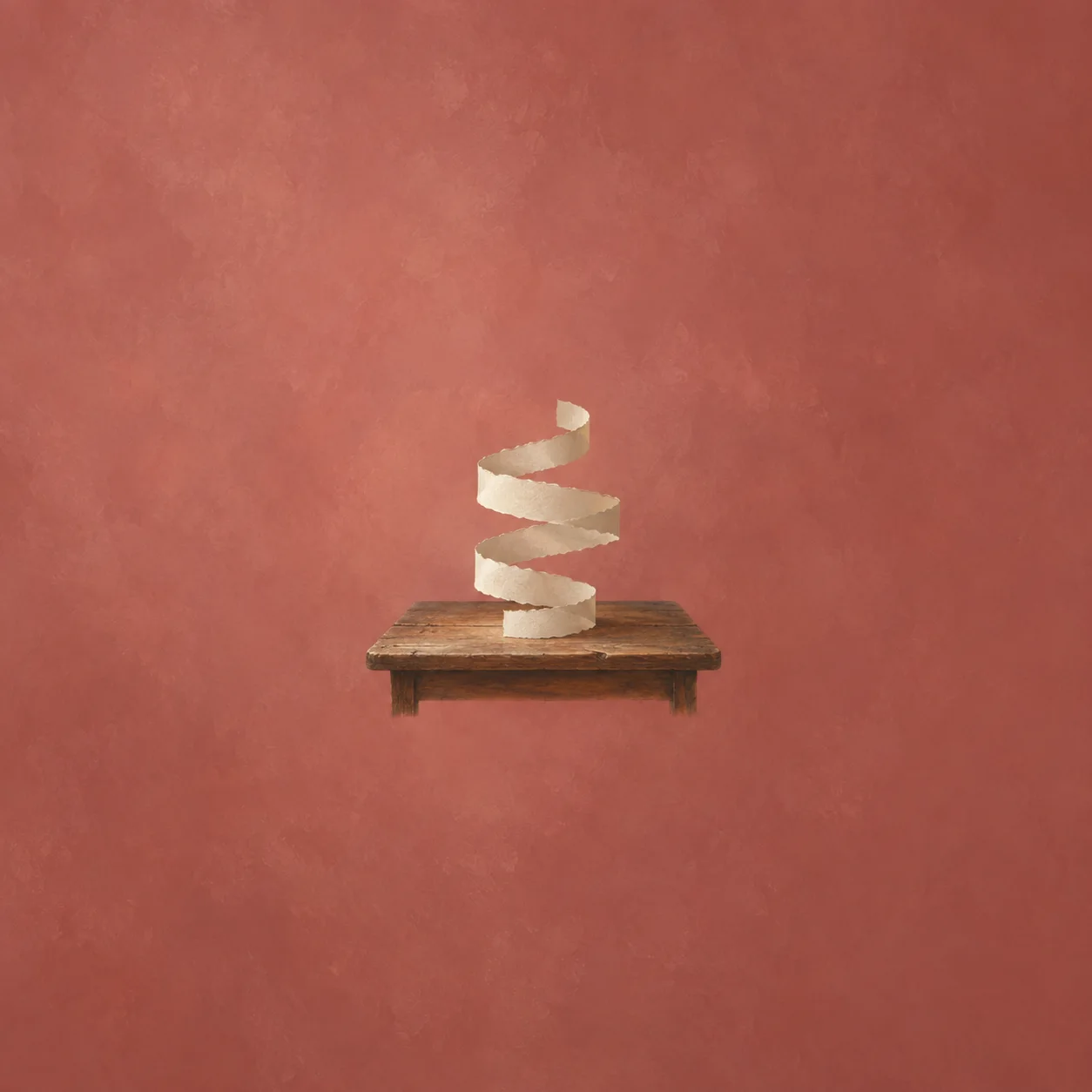 A spiral of blank torn paper rises above a small wooden shelf against a dusty rose wall.