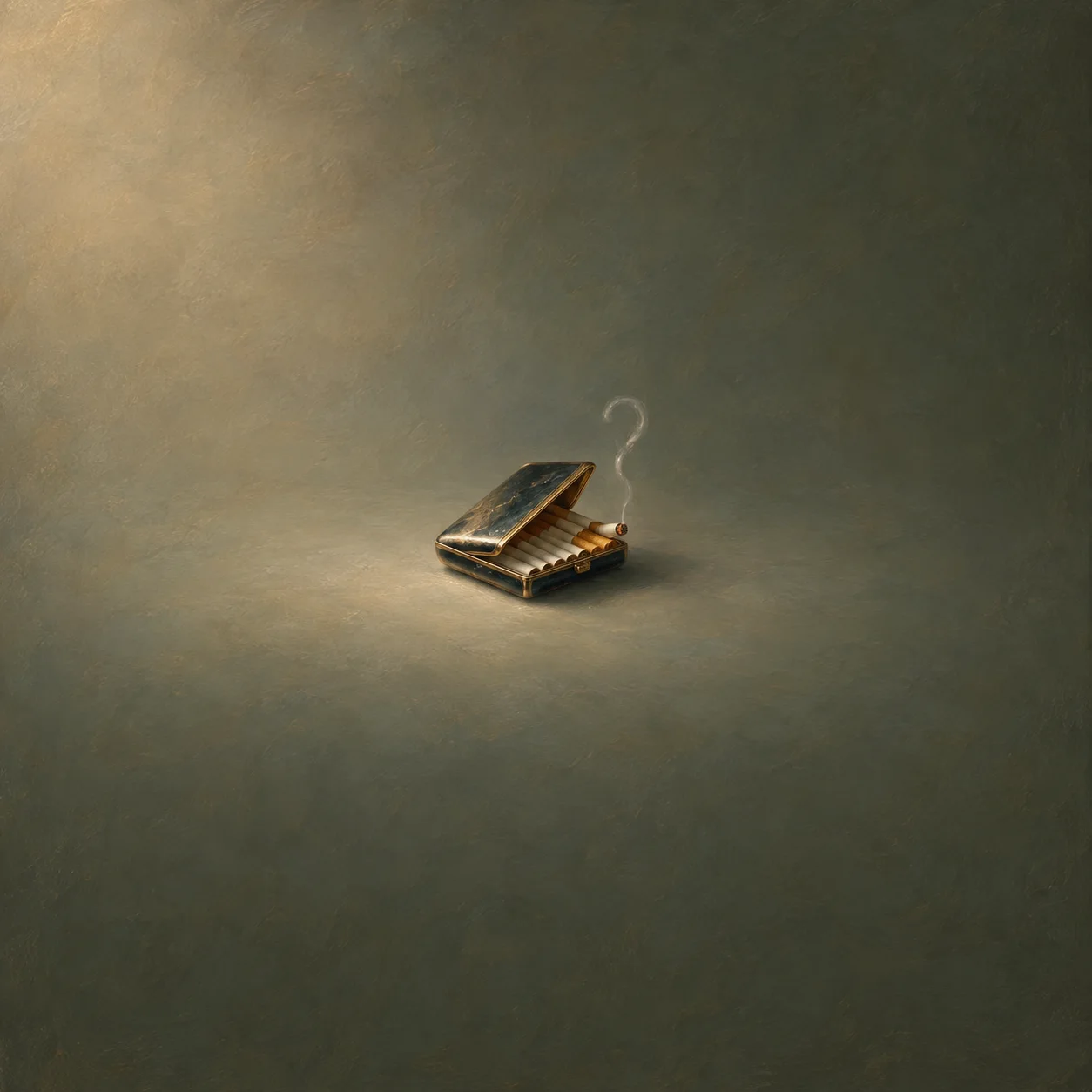 A half-open dark cigarette case rests on olive ground with a small curl of smoke rising above it.