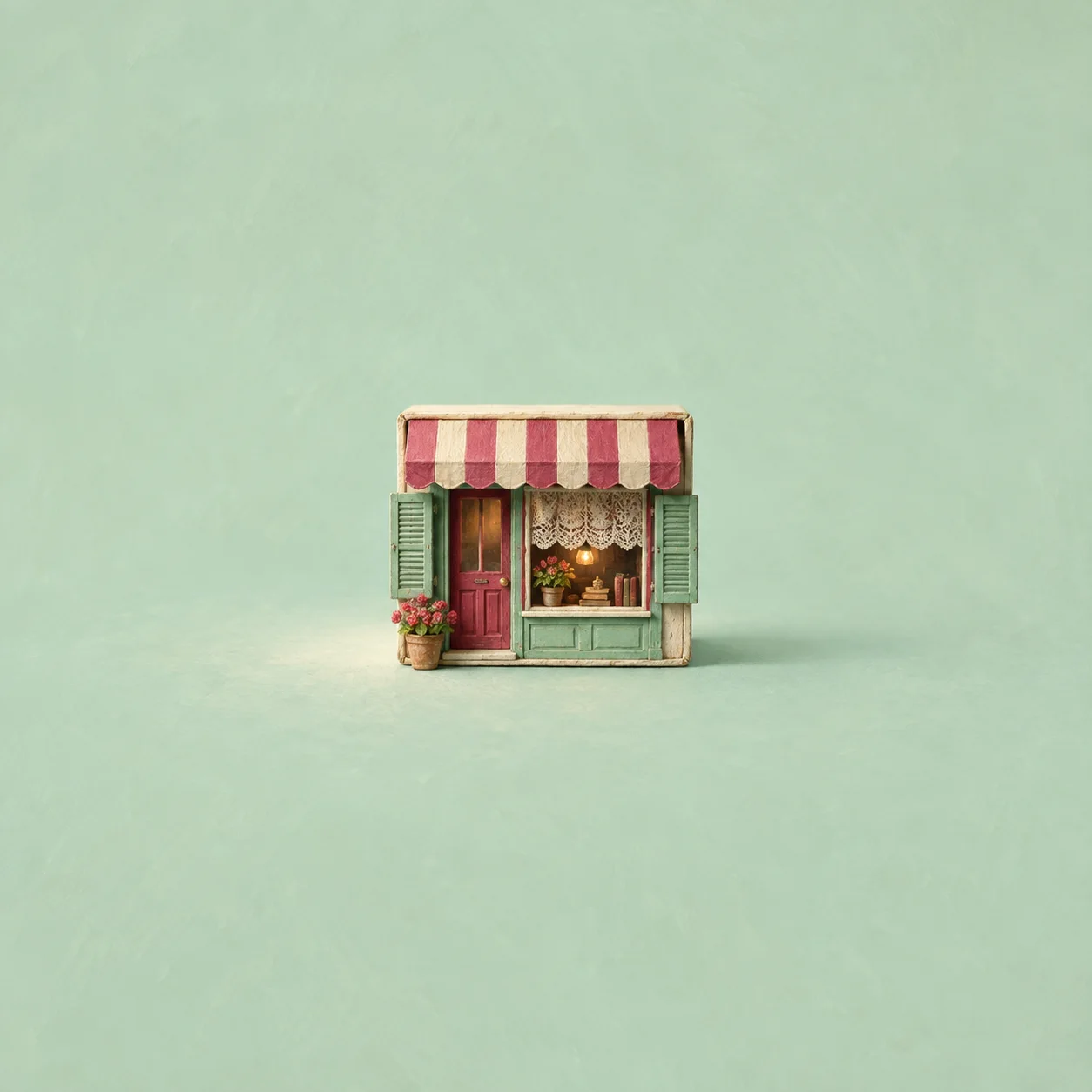 A miniature shop has a pink striped awning, green shutters, a lace curtain and flowerpots against mint green.