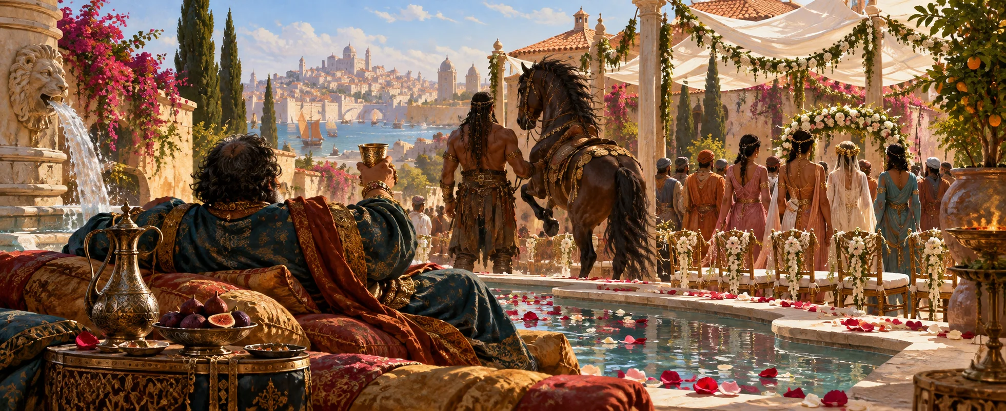 A wealthy magister lounges by a pool in a sunlit Pentos courtyard as a wedding procession passes.