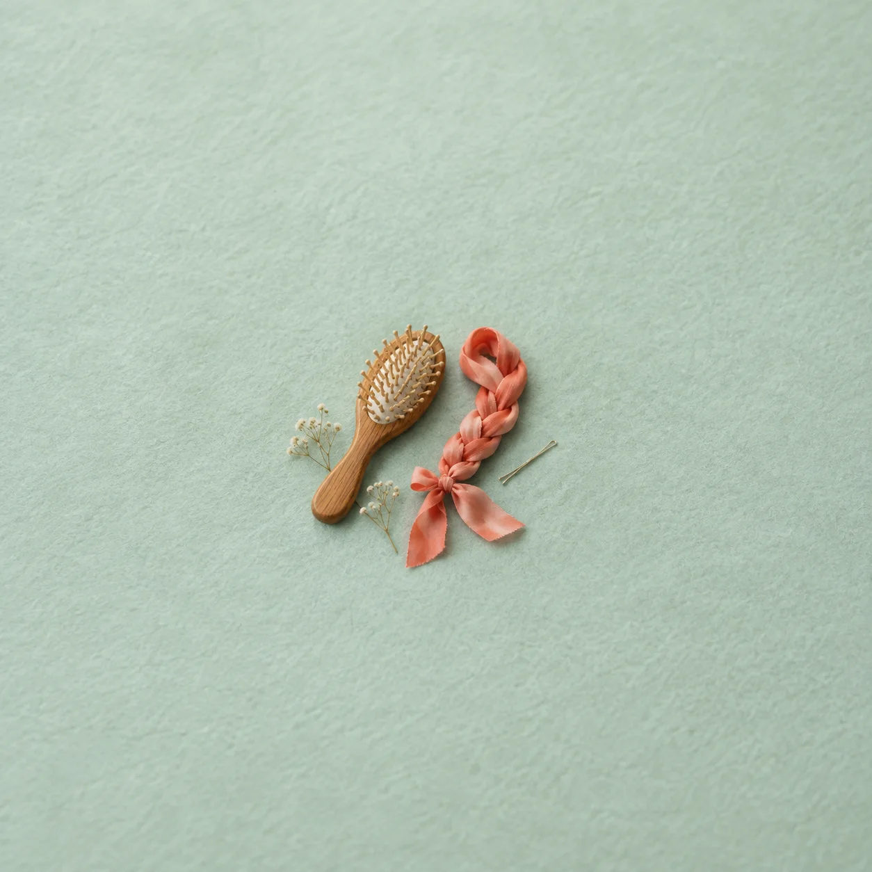 A wooden hairbrush next to a neat coral ribbon braid with one hairpin lying unused.