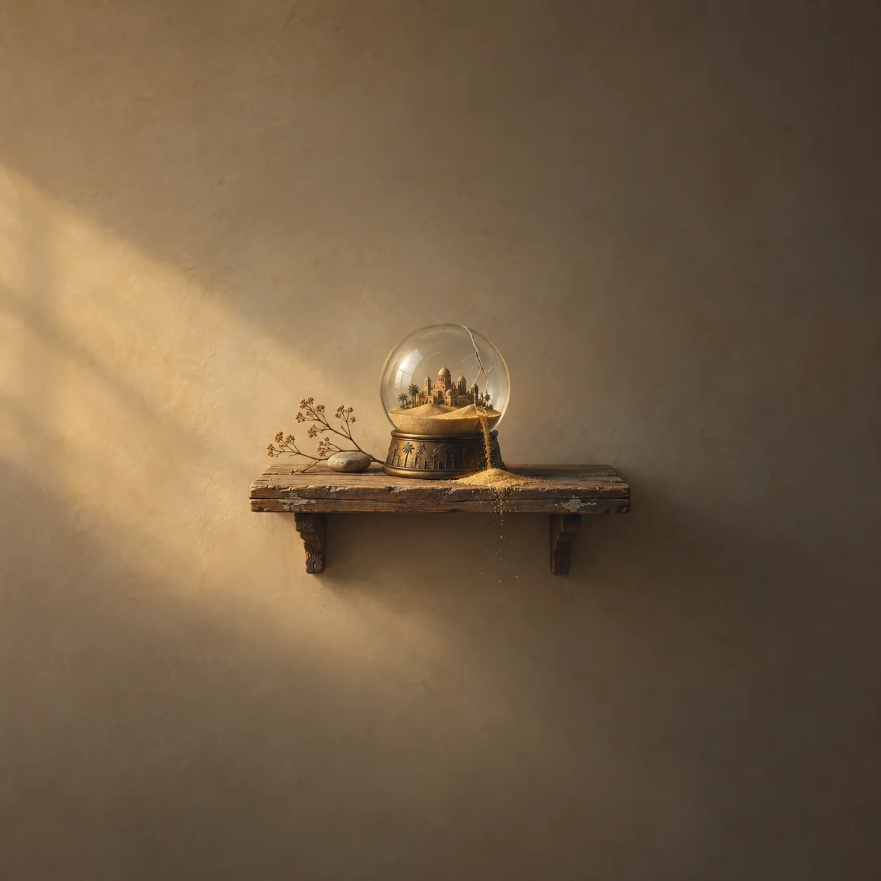 Painterly glass globe containing a miniature sandy landscape on a wooden wall shelf.