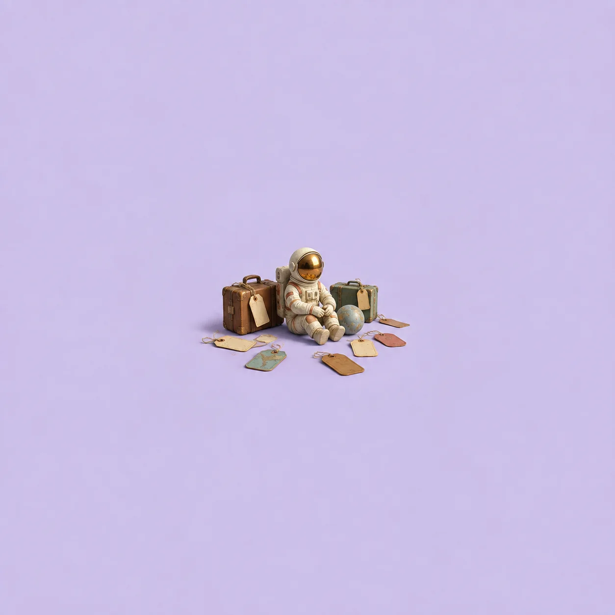 A small seated astronaut toy rests between suitcases amid scattered luggage tags against lavender.