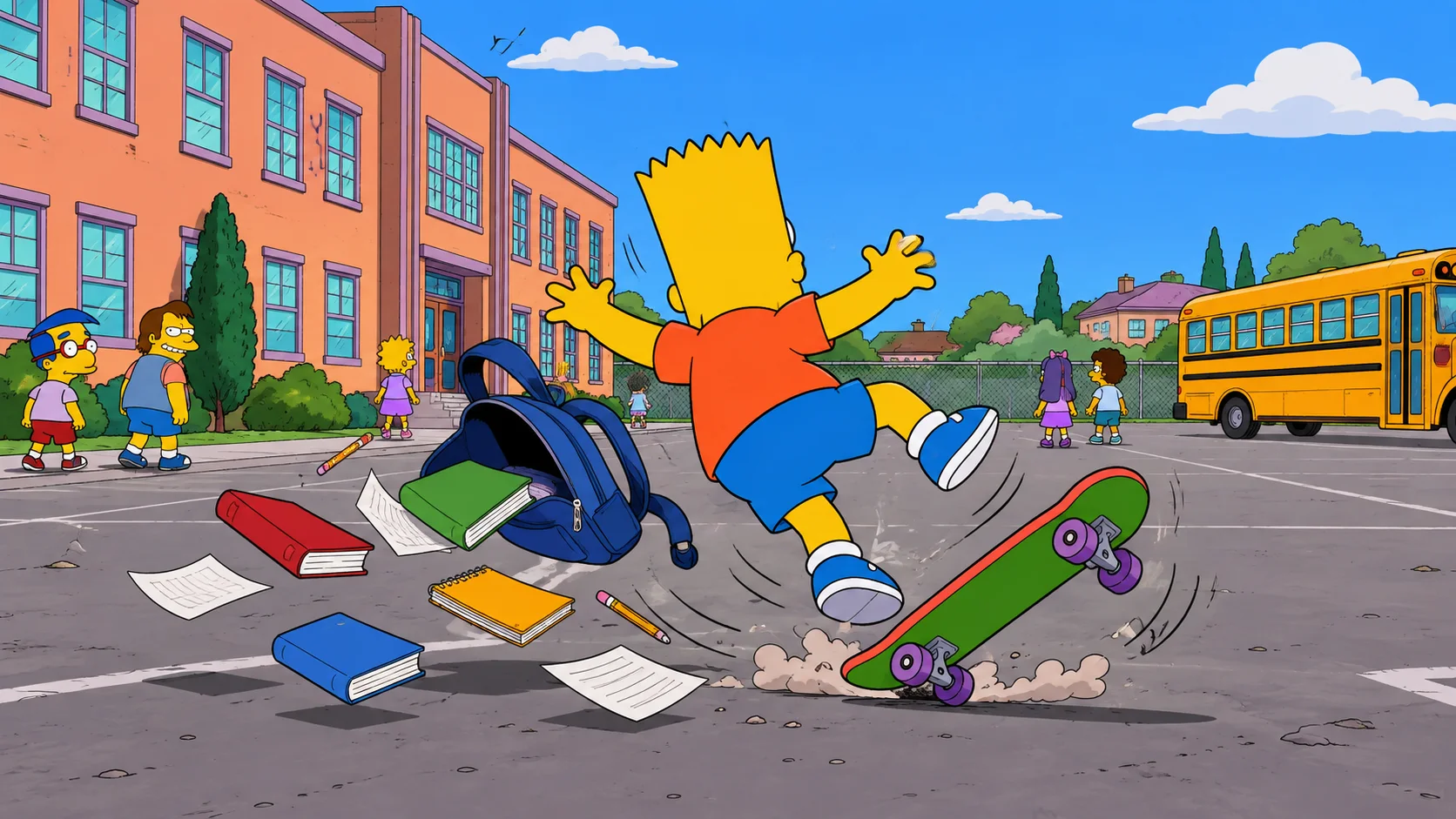 A spiky-haired cartoon boy in an orange shirt tumbles off his skateboard in a schoolyard, books and papers flying from his backpack.