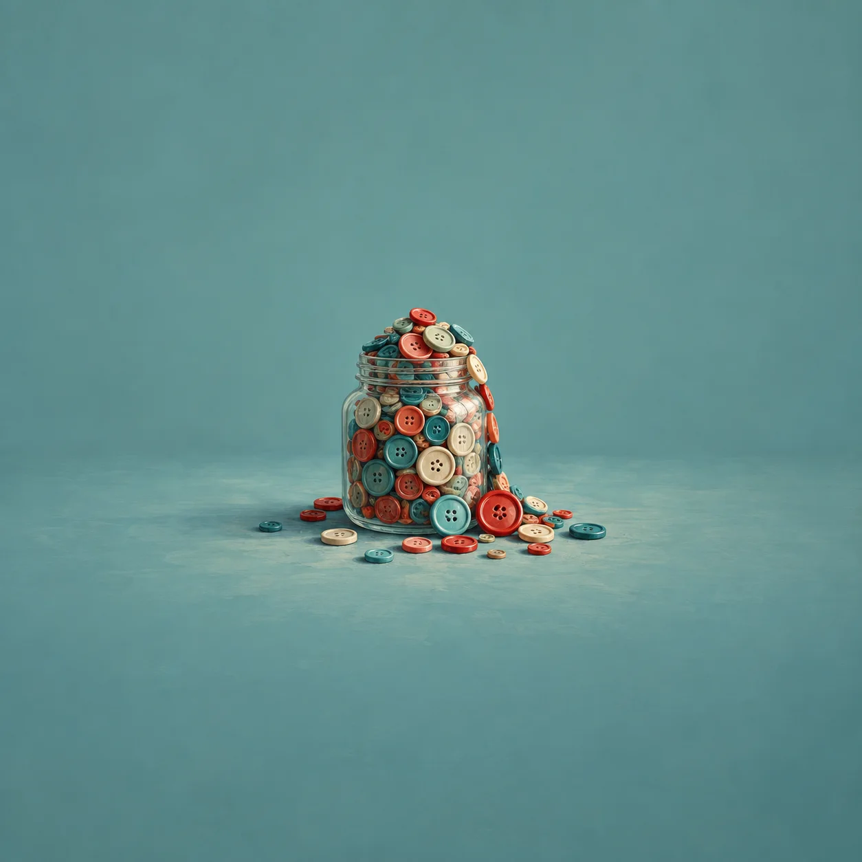 A glass jar overflows with red, turquoise and cream buttons scattered across a teal surface.