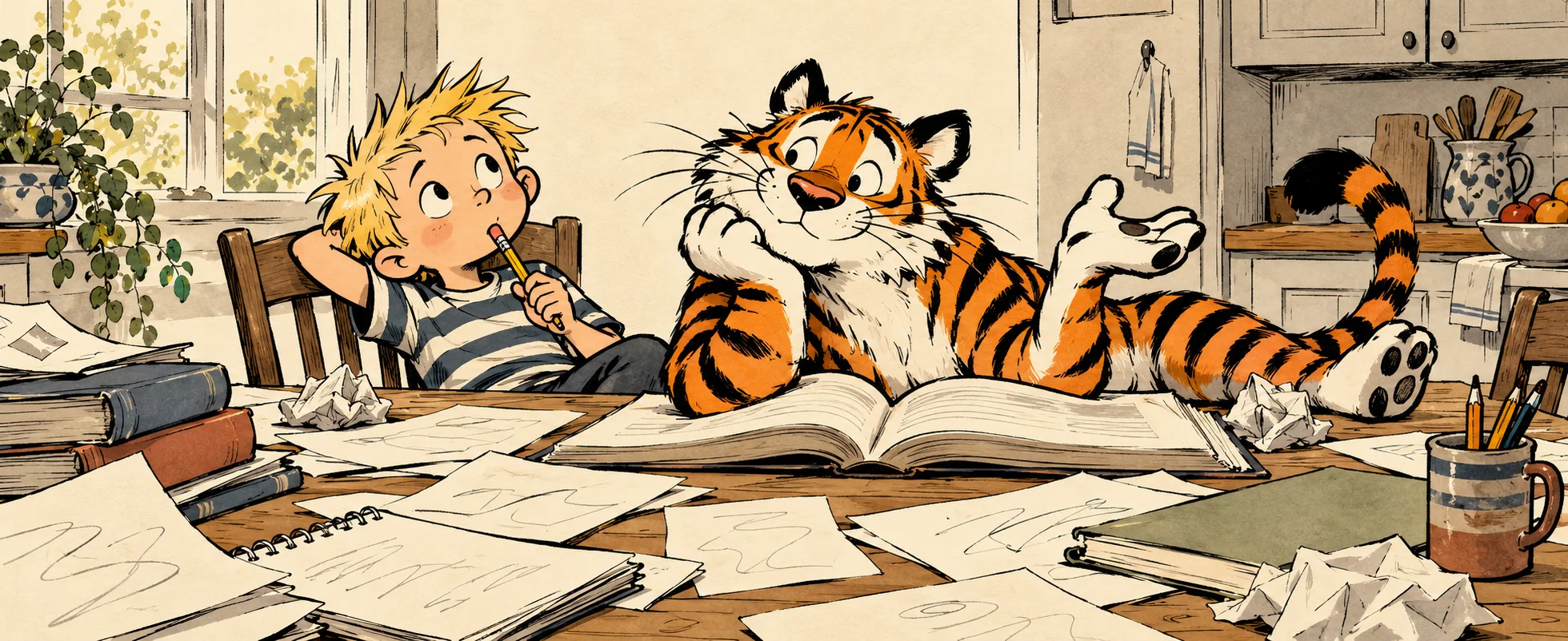 A spiky-haired boy chews his pencil over a pile of homework at the kitchen table as a tiger lounges across the open books.
