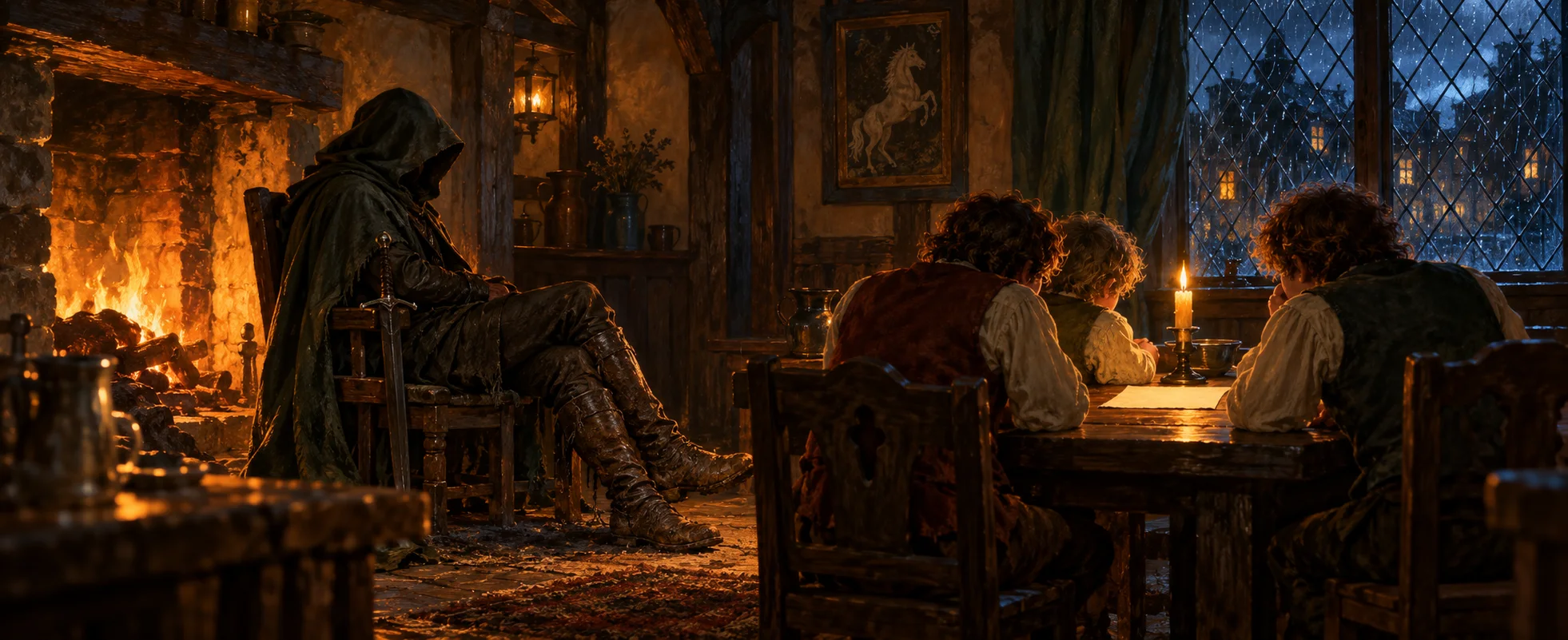 A hooded ranger sits in the shadows by the fire of an inn parlour while three hobbits lean over a letter by candlelight, rain on the window.