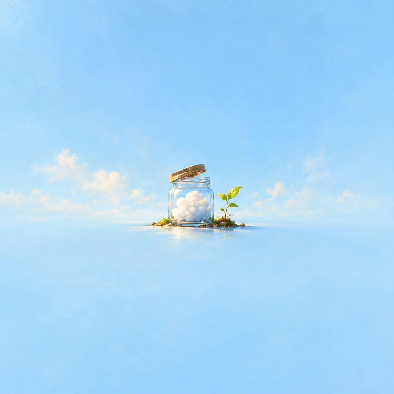 A glass jar with its lid ajar holds a white cotton cloud beside a green sprout under a blue sky.