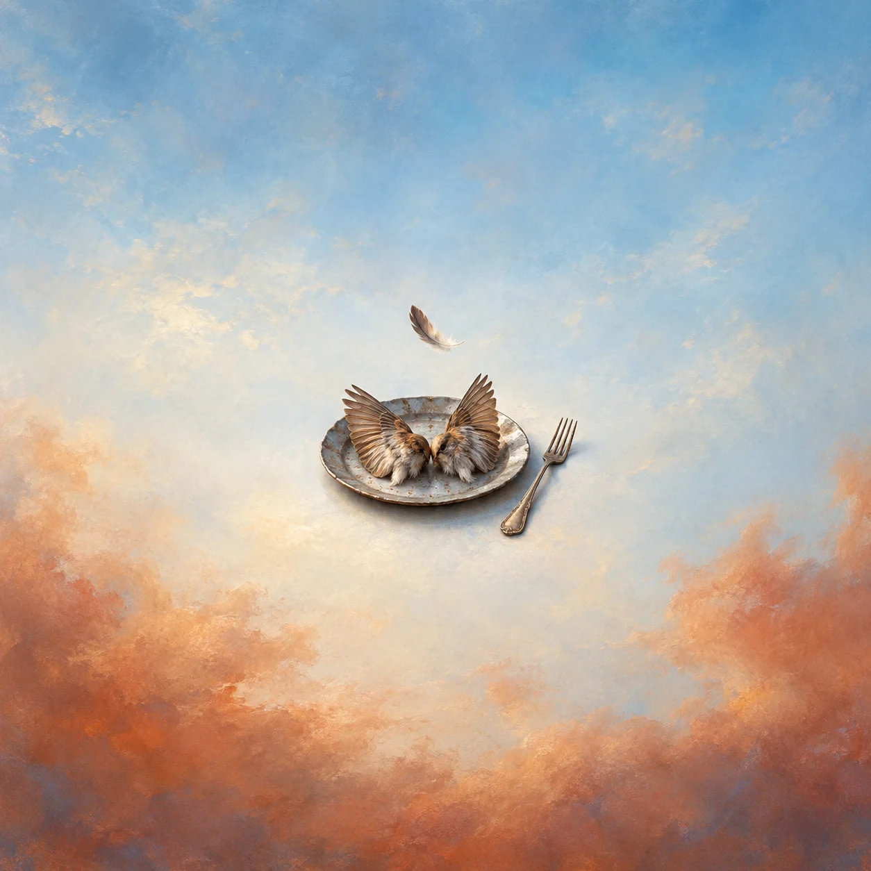 Small feathered wings on a tin plate beside a fork, with one feather floating upward.