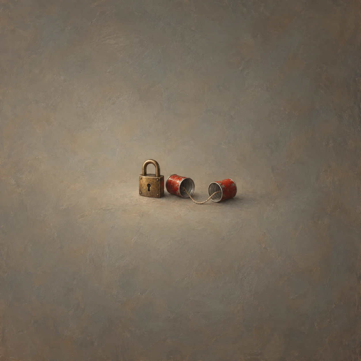 A brass padlock sits beside two red tin cans joined by a loop of string on a grey-brown surface.