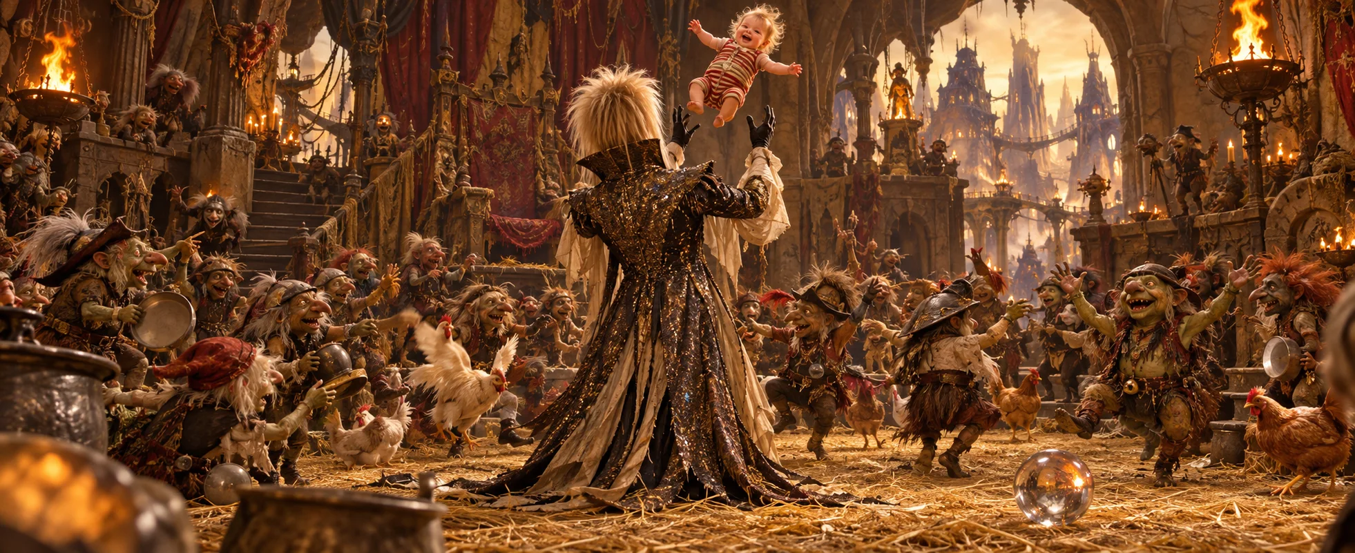 A tall king in a glittering coat with wild pale hair, seen from behind, tosses a baby in the air as puppet-like goblins dance round a straw-strewn throne room.