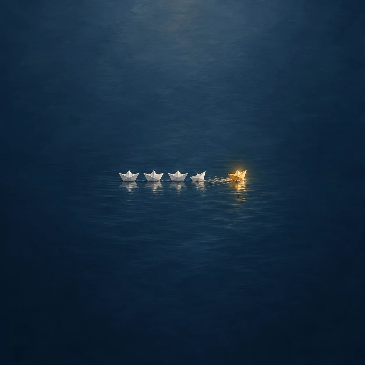 White paper boats lined up on dark blue water with one glowing gold boat set apart.