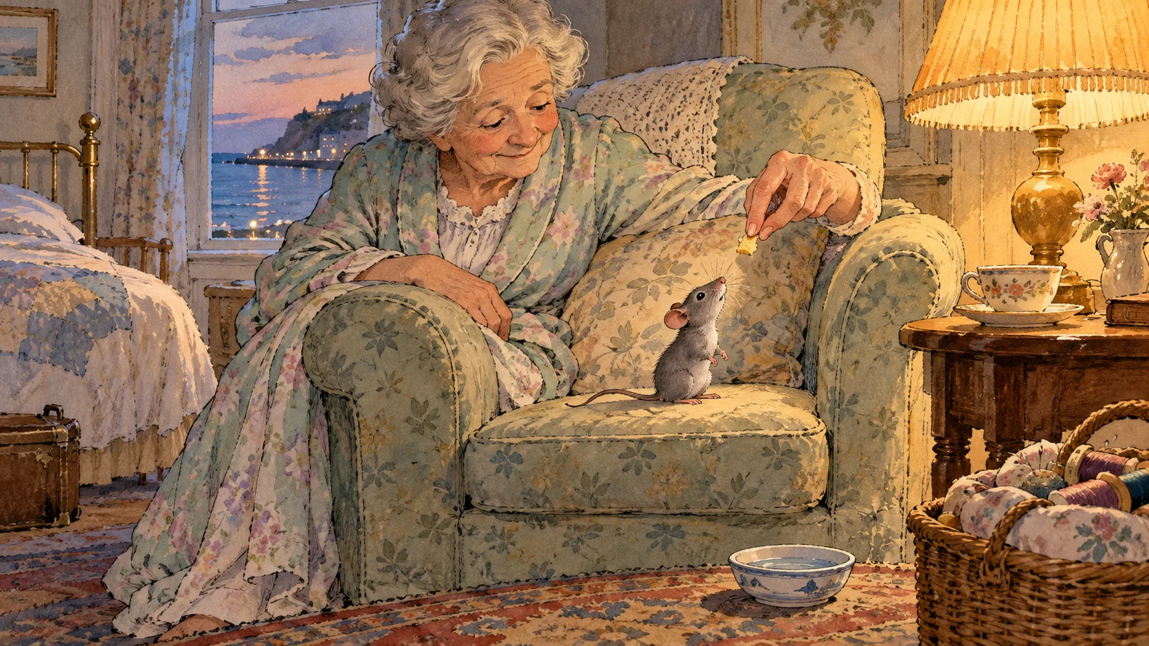 A white-haired grandmother in a floral dressing gown offers a crumb to a small grey mouse on her armchair in a lamplit seaside hotel room.