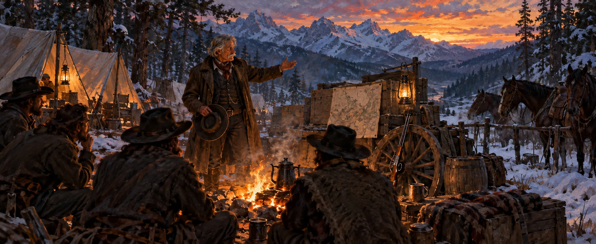 A silver-haired gang leader in a long coat lays out a scheme to outlaws around a campfire in a snowy mountain camp, tents and horses behind.