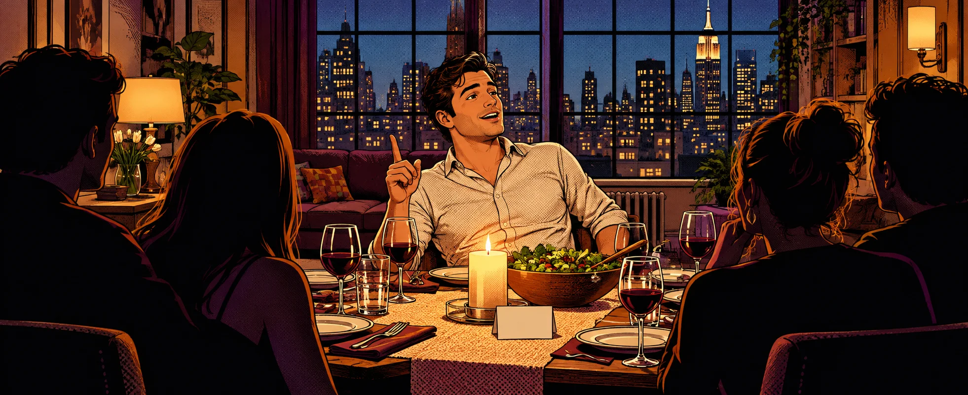 A man at a candlelit dinner table raises a finger mid-joke as friends listen.
