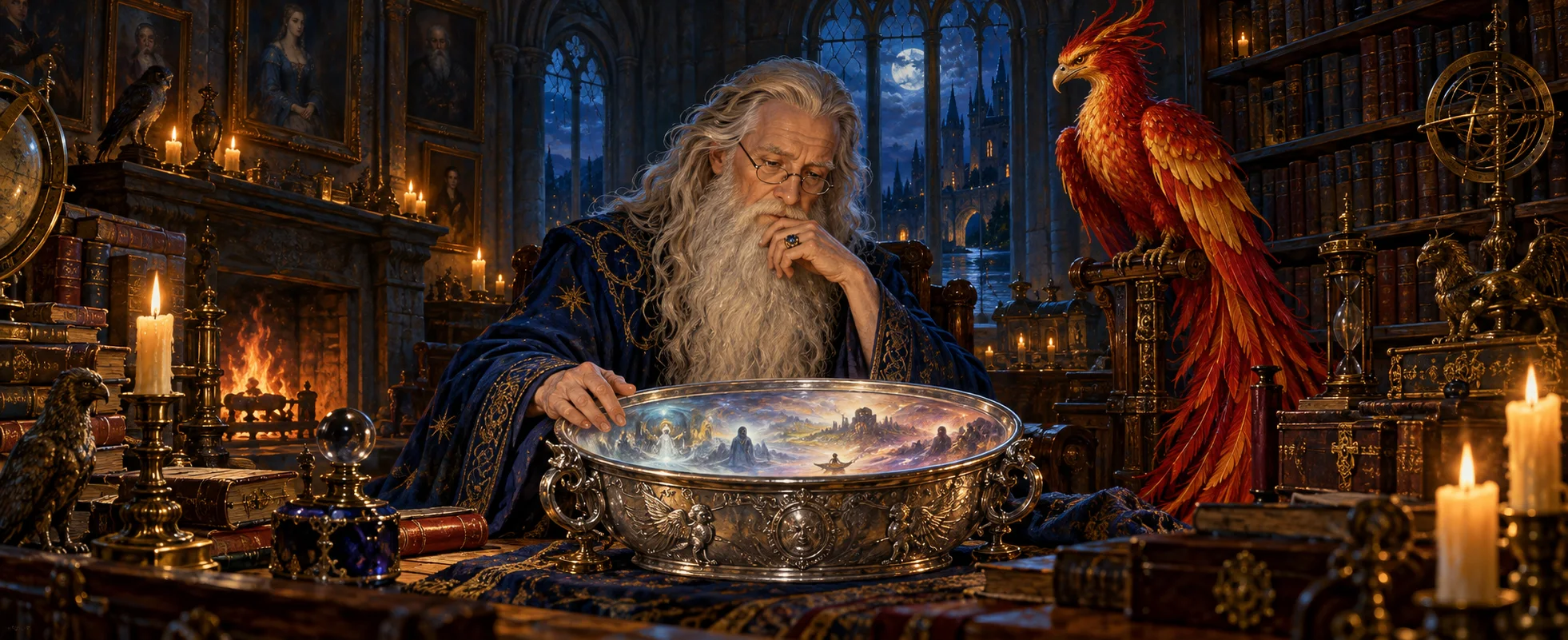 An old wizard with a long silver beard and half-moon spectacles gazes into a glowing silver basin in a candlelit study, a red-and-gold phoenix beside him.