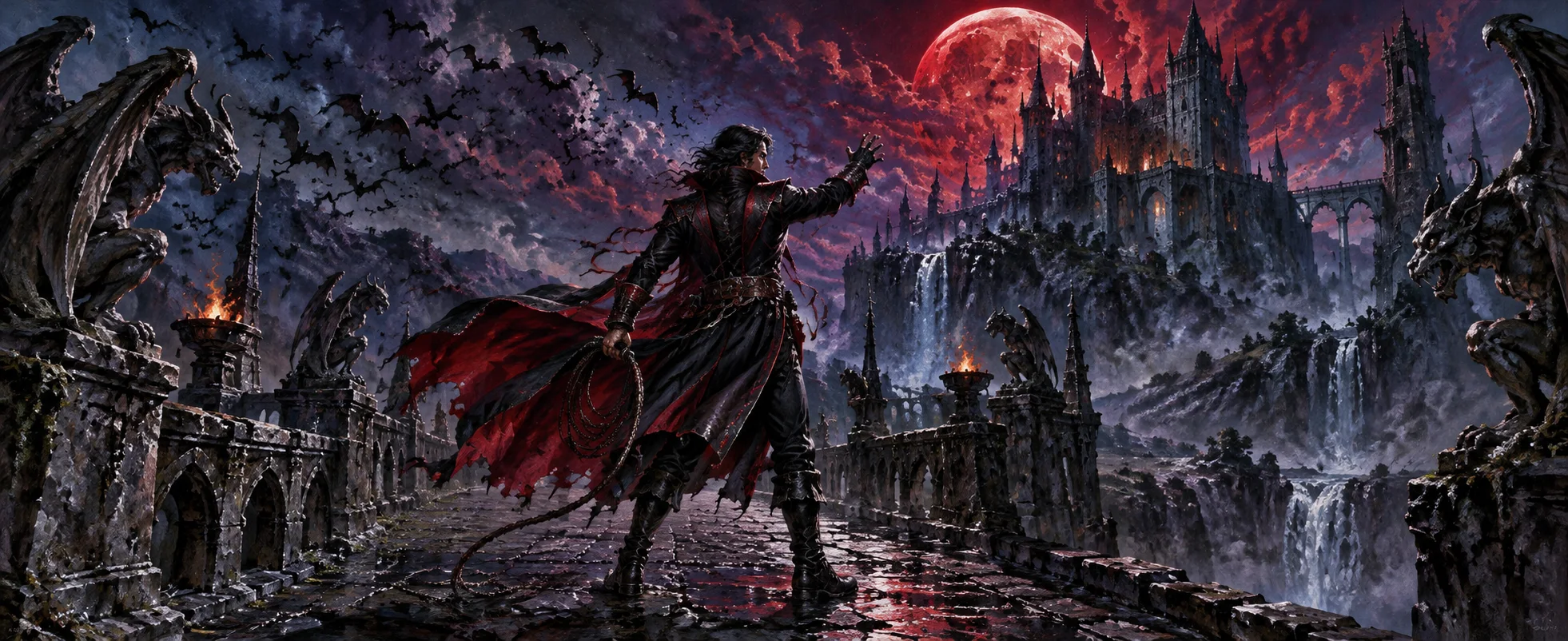 A vampire hunter with a whip faces a gothic castle under a blood-red moon.