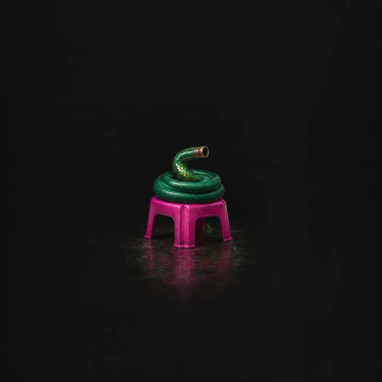A coiled green hose with its nozzle raised sits on a magenta stool against black.