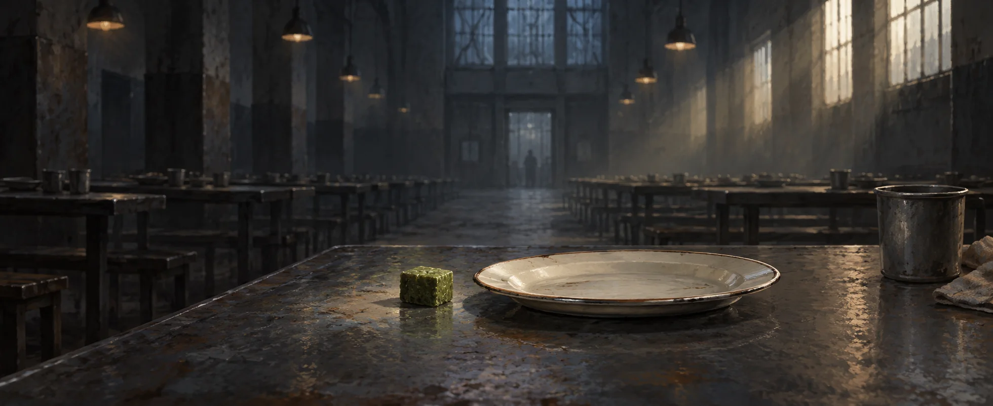 A small green square rests beside an empty cream plate in a dark industrial dining hall.