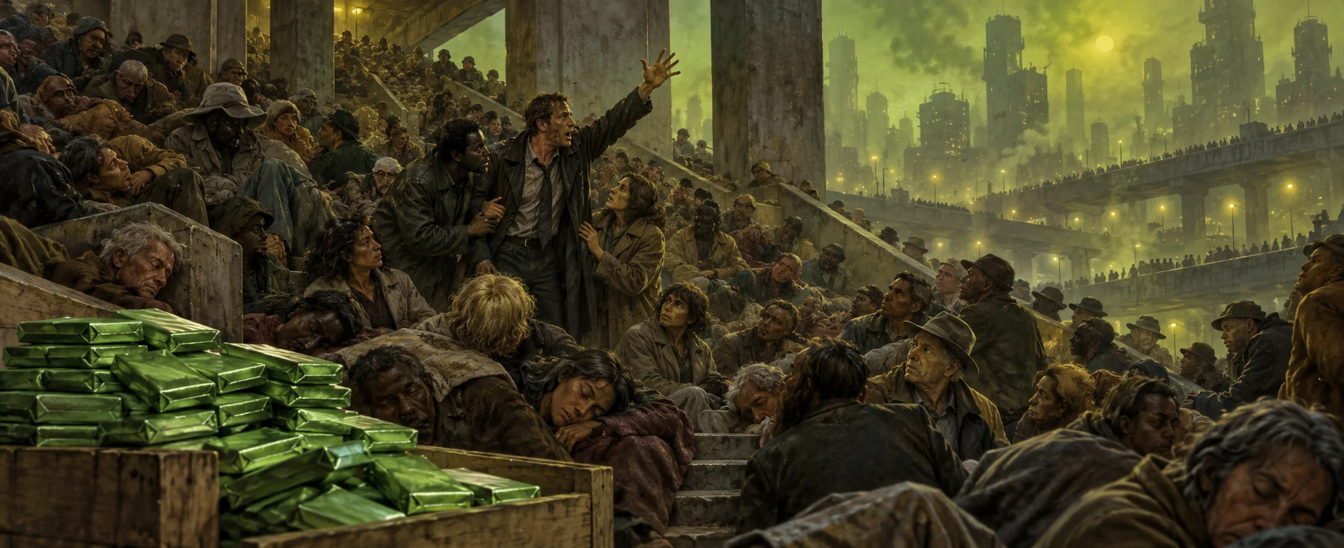 A detective in a raincoat raises an arm and shouts a warning to a crowd sleeping on the stairs of a smoggy, overcrowded tenement.