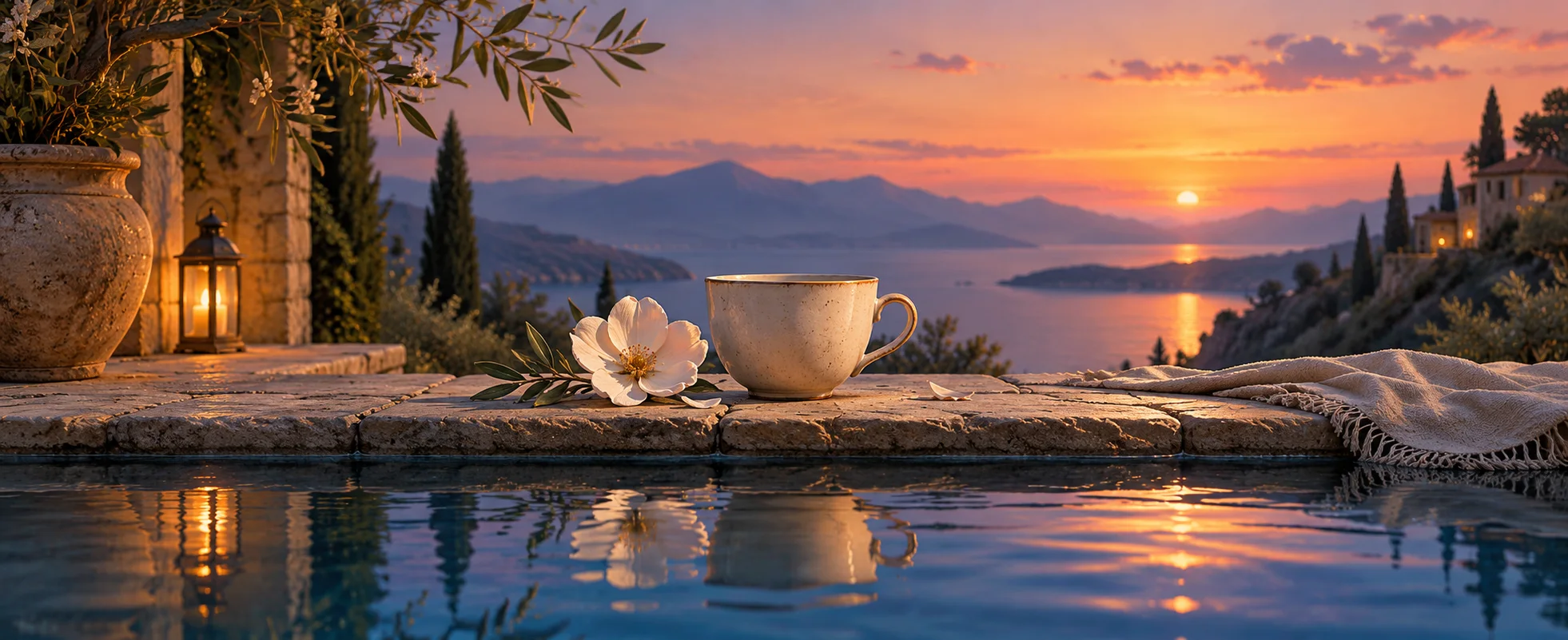 A cream cup and a single pale flower rest beside a still blue pool at dusk.