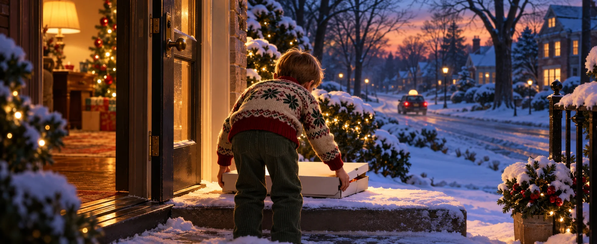 A boy in a Christmas sweater carries a pizza box in from a snowy doorstep at dusk.