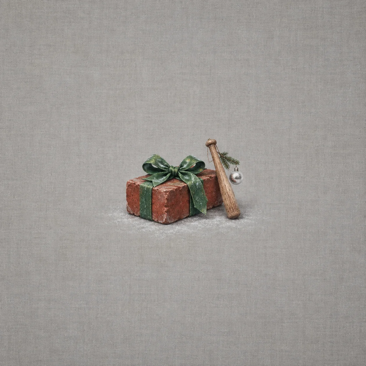 A red brick wrapped in a green bow sits beside a small wooden bat and a silver bauble.