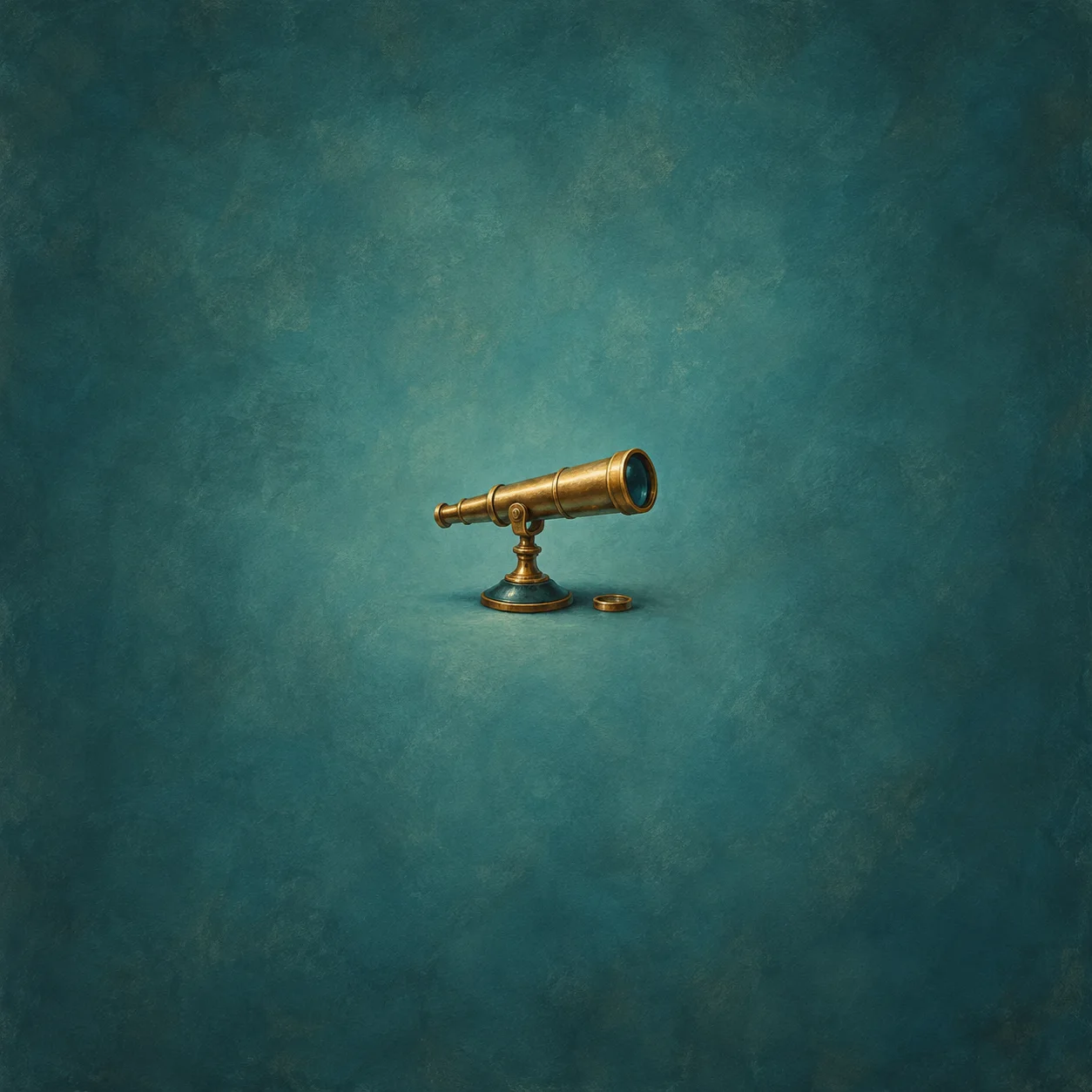 Plain brass telescope on a low teal support, with a small loose ring beside it