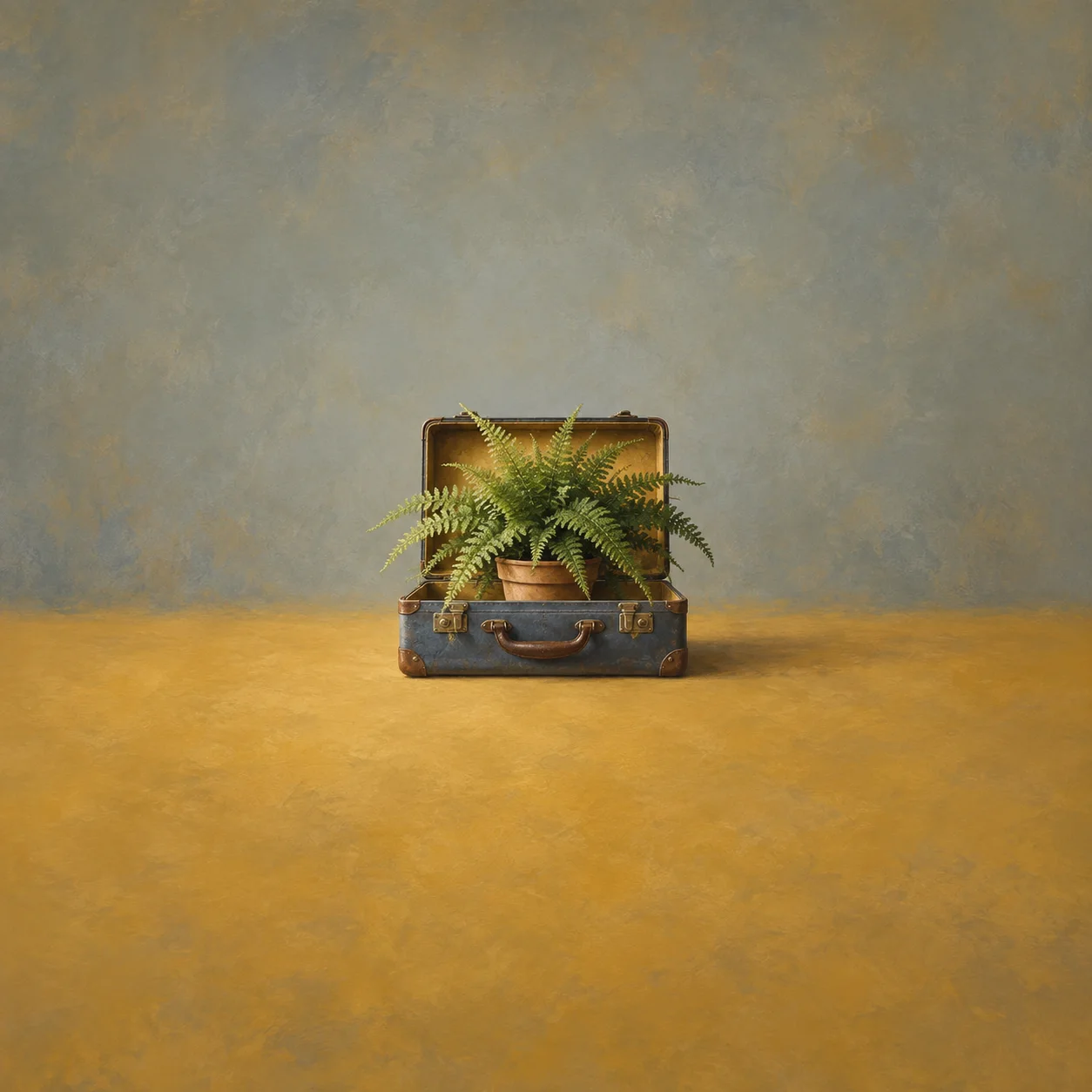 A potted fern grows inside an open worn suitcase on a mustard surface.