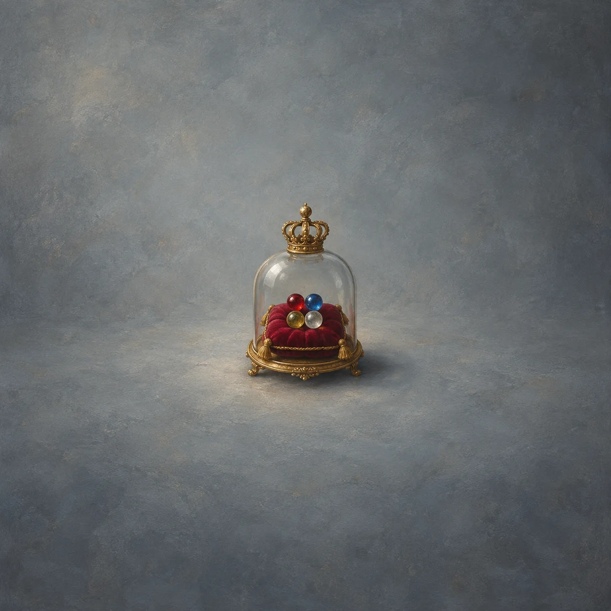 Colored glass beads on a crimson cushion beneath a glass dome with a gold crown finial.