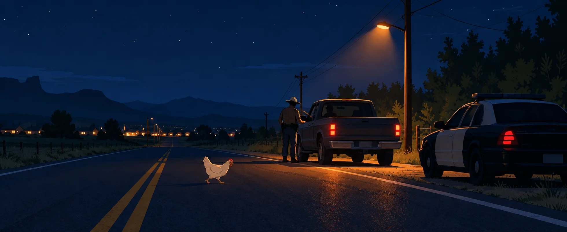 A patrol car and a stopped pickup sit on a dark rural highway at night as a trooper walks up and a chicken crosses the road.